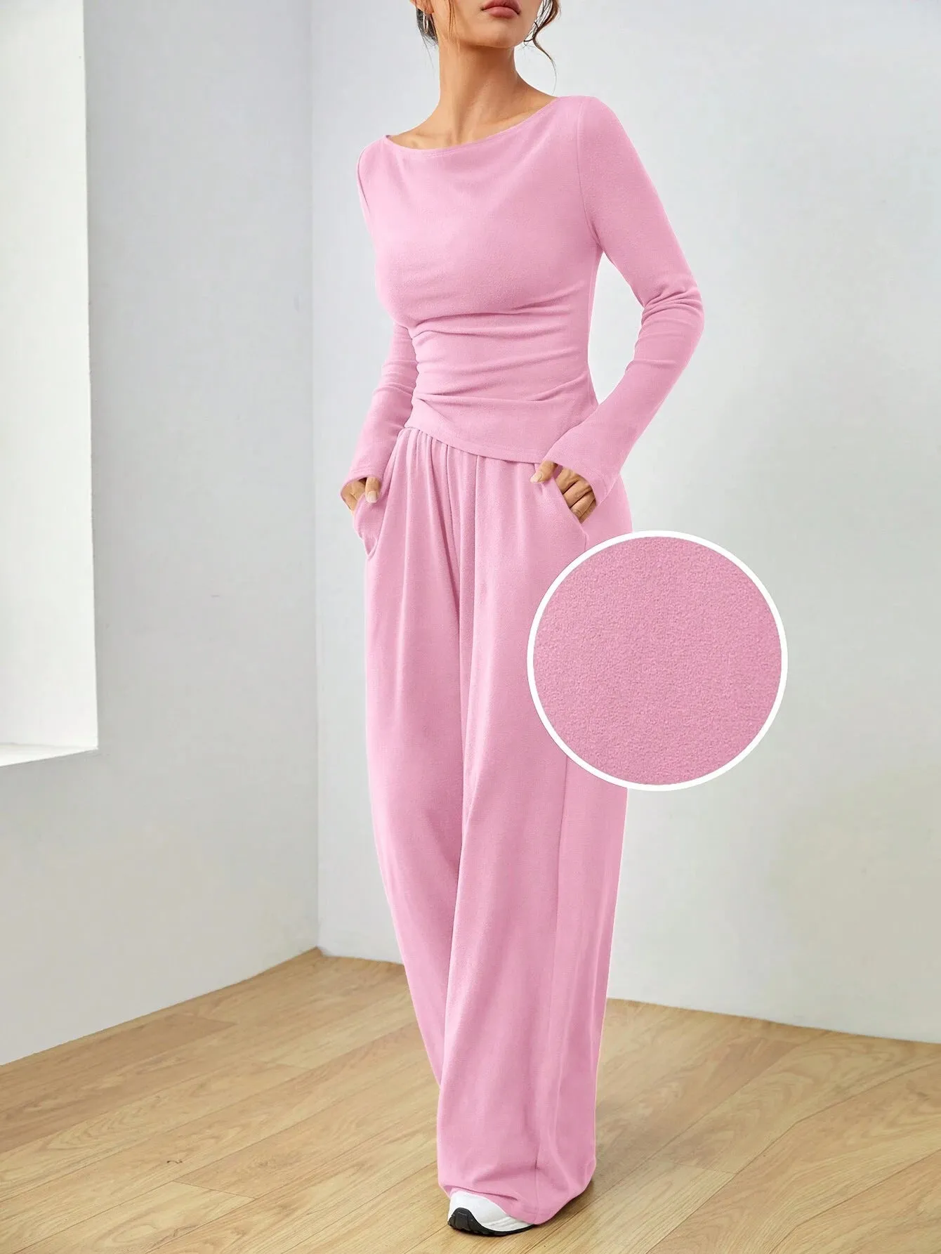 Sophisticated Solid Two-Piece Set with Long Sleeve Top and Wide-Leg Pants