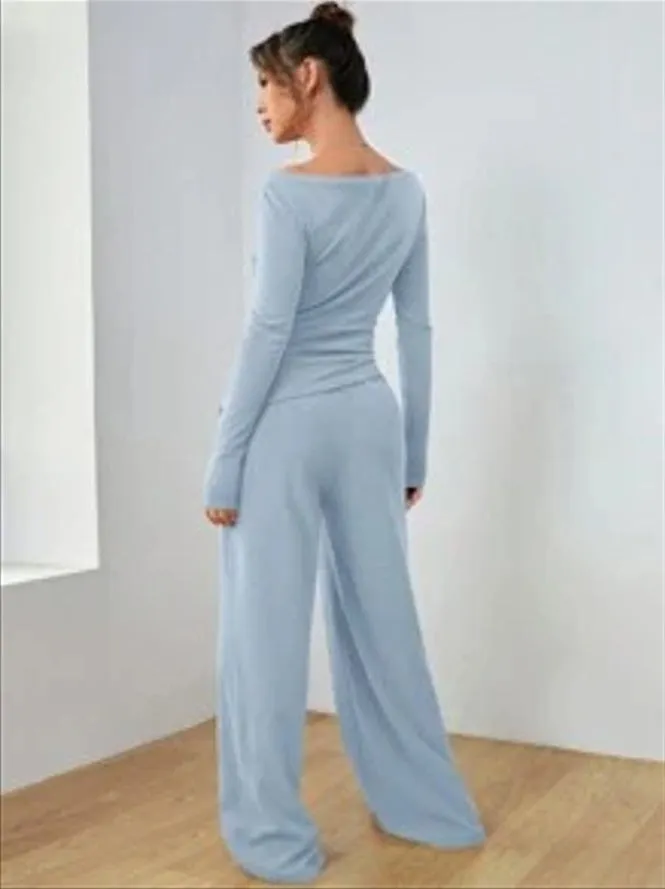 Sophisticated Solid Two-Piece Set with Long Sleeve Top and Wide-Leg Pants