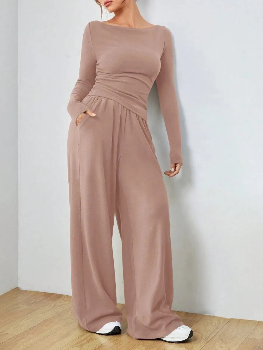 Sophisticated Solid Two-Piece Set with Long Sleeve Top and Wide-Leg Pants