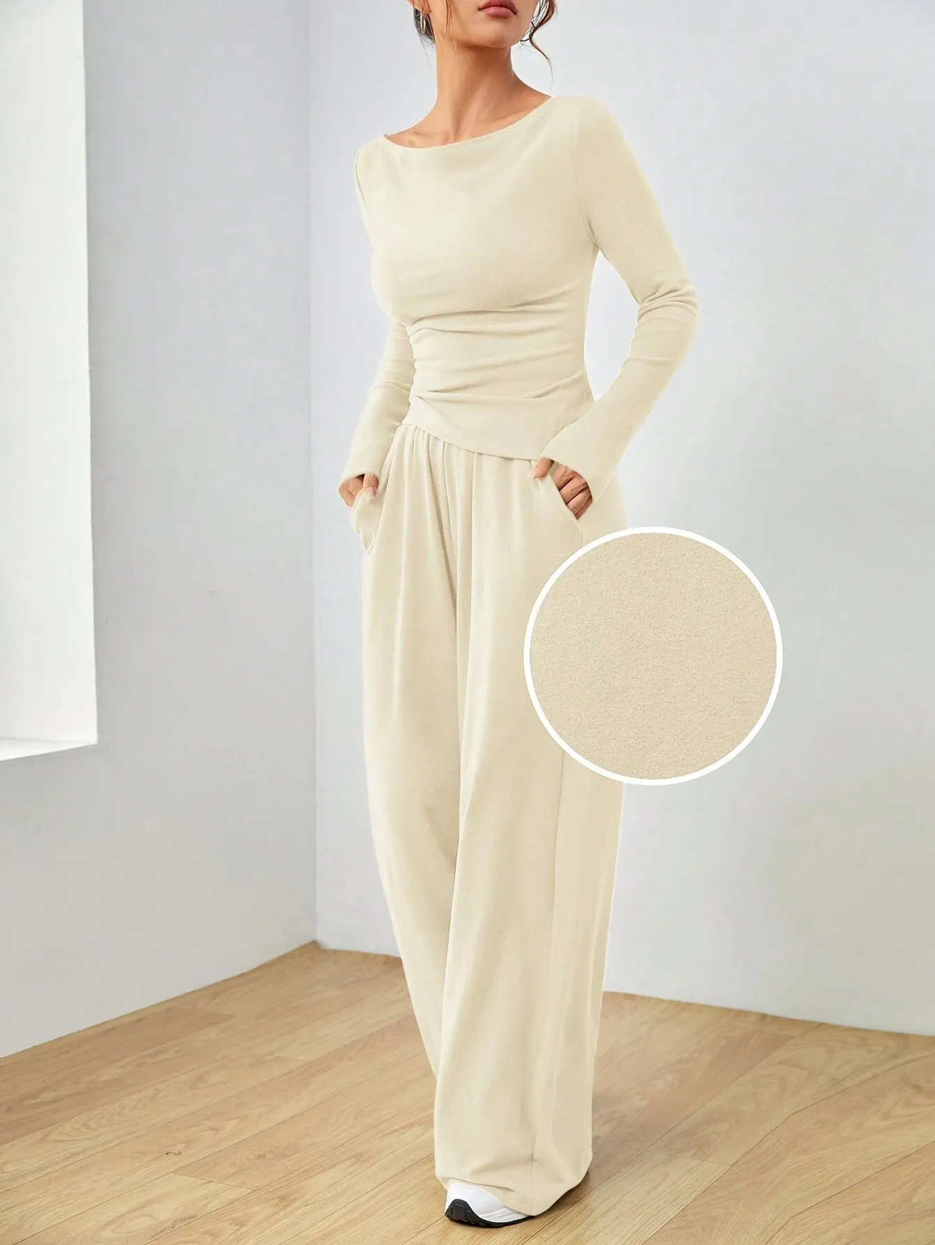Sophisticated Solid Two-Piece Set with Long Sleeve Top and Wide-Leg Pants