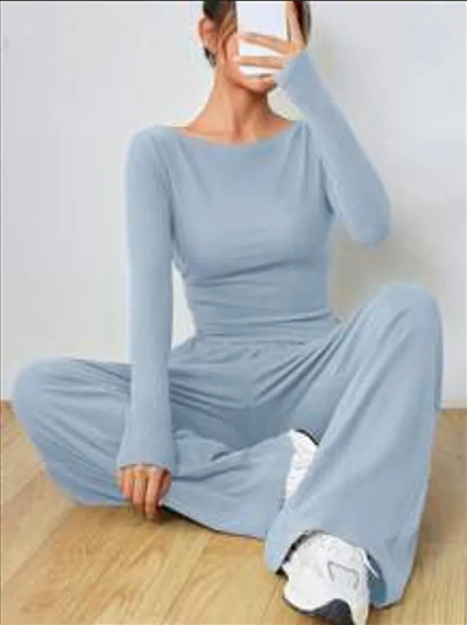 Sophisticated Solid Two-Piece Set with Long Sleeve Top and Wide-Leg Pants