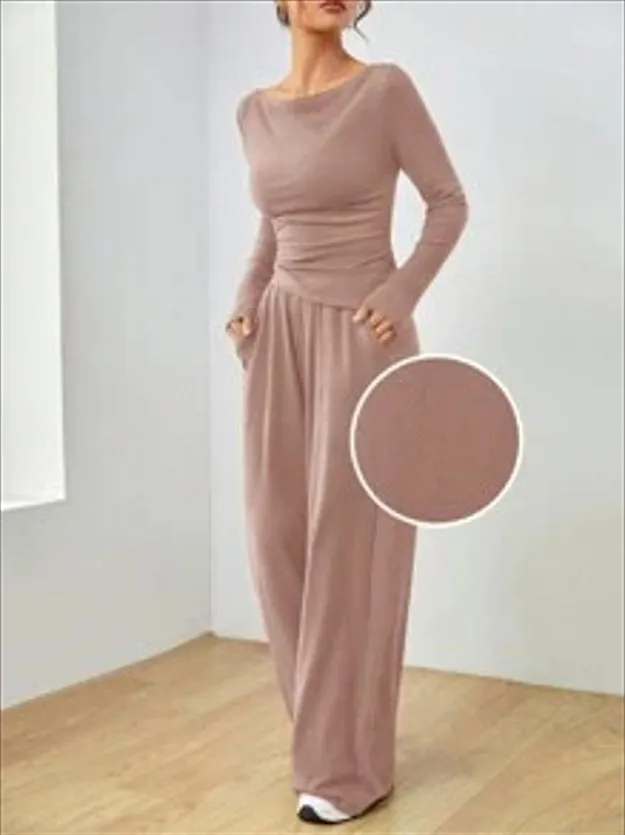 Sophisticated Solid Two-Piece Set with Long Sleeve Top and Wide-Leg Pants