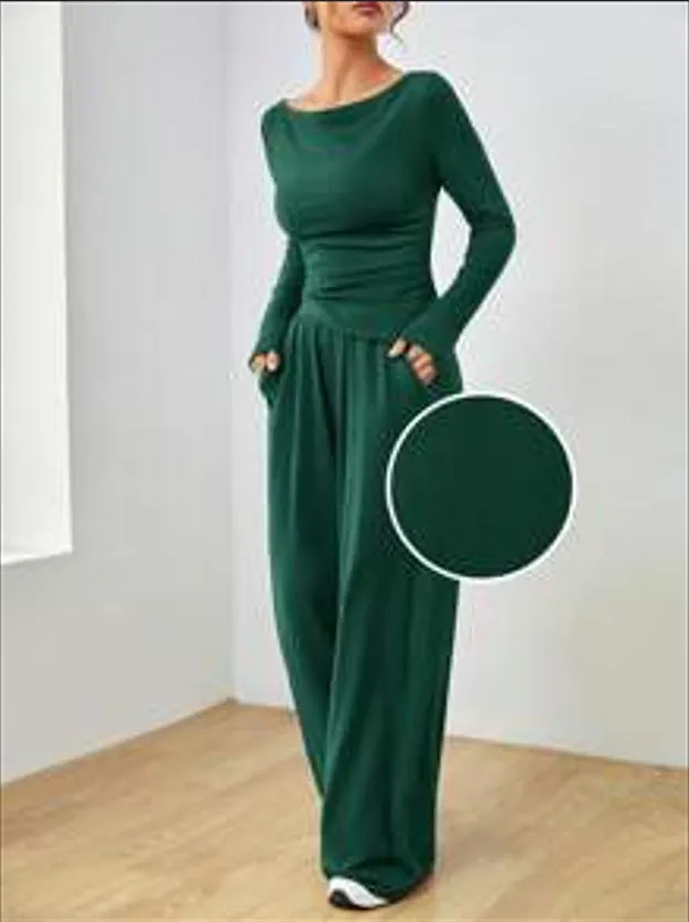 Sophisticated Solid Two-Piece Set with Long Sleeve Top and Wide-Leg Pants