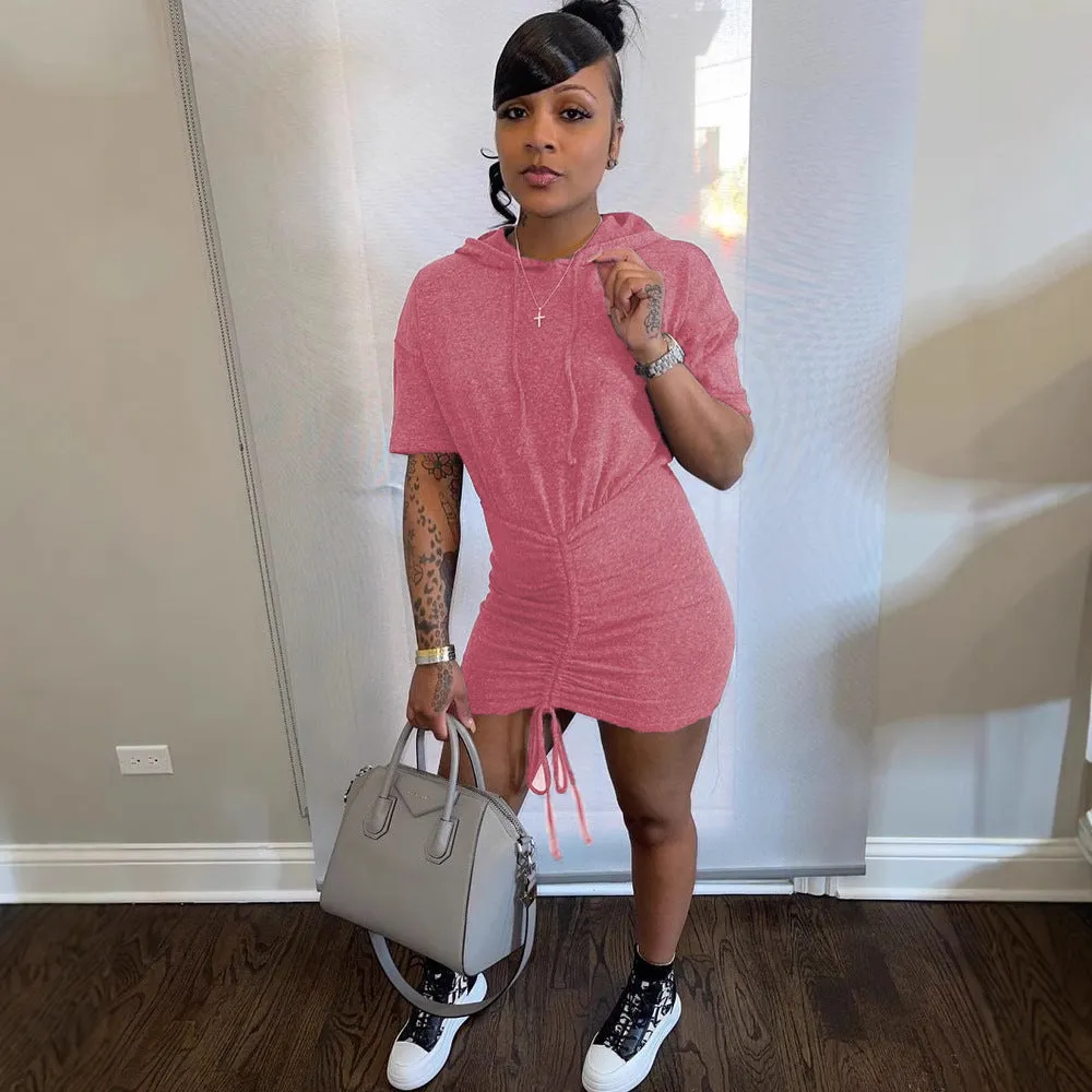 Sporty Chic Drawstring Hooded Mini Dress with Casual Vibes
