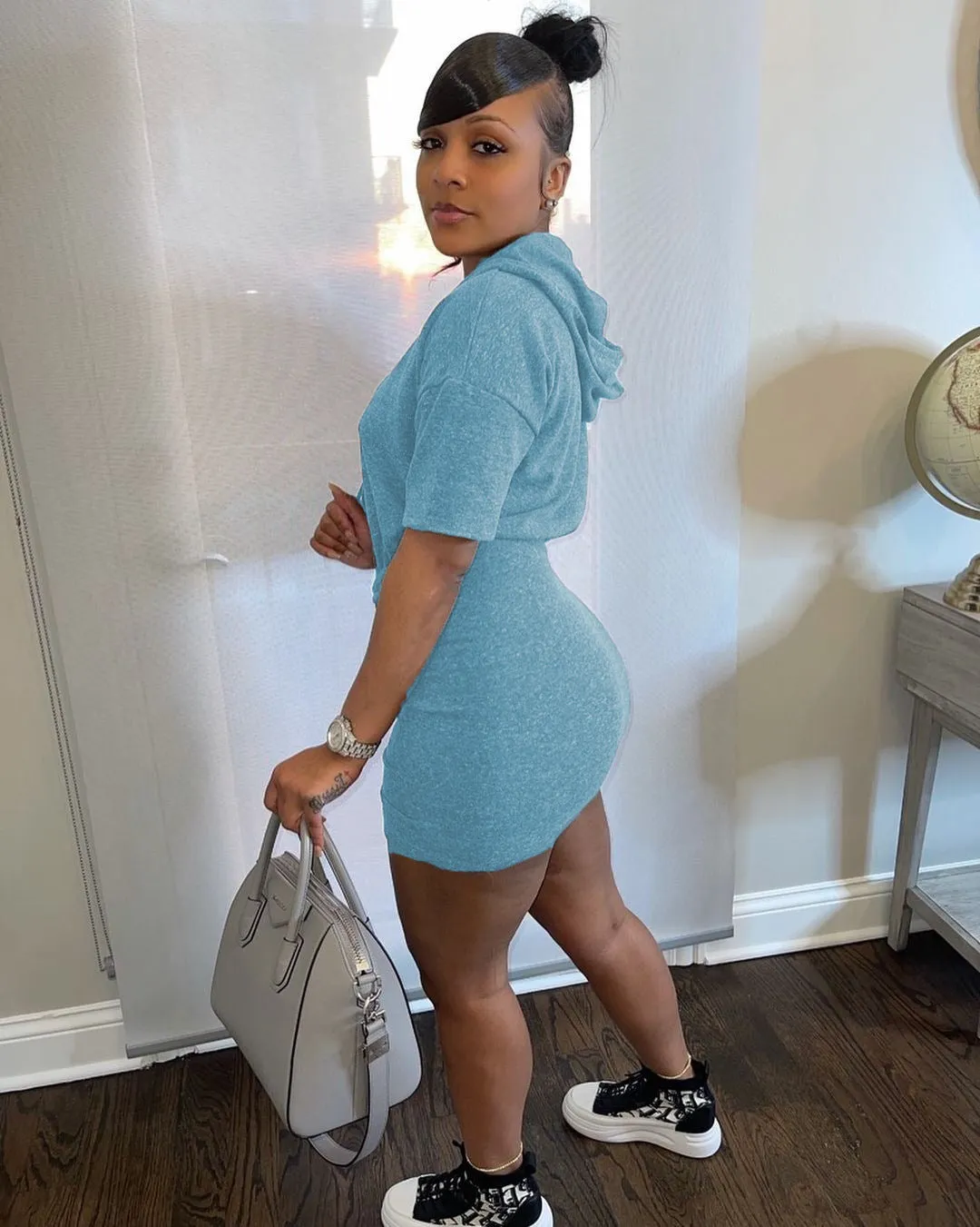 Sporty Chic Drawstring Hooded Mini Dress with Casual Vibes