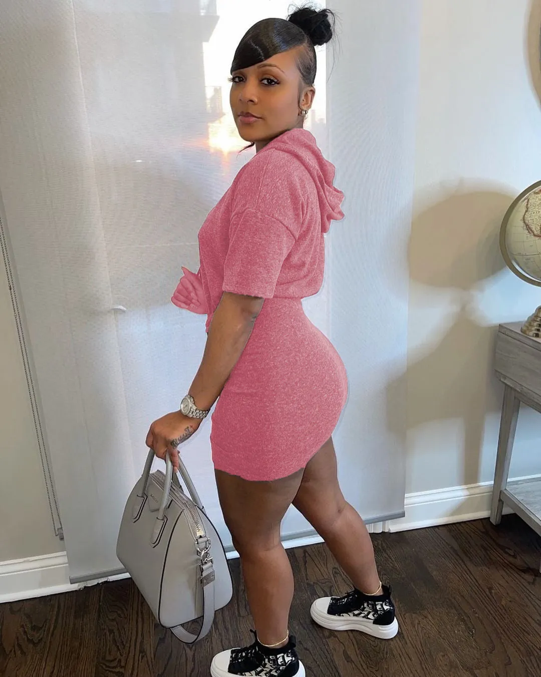 Sporty Chic Drawstring Hooded Mini Dress with Casual Vibes