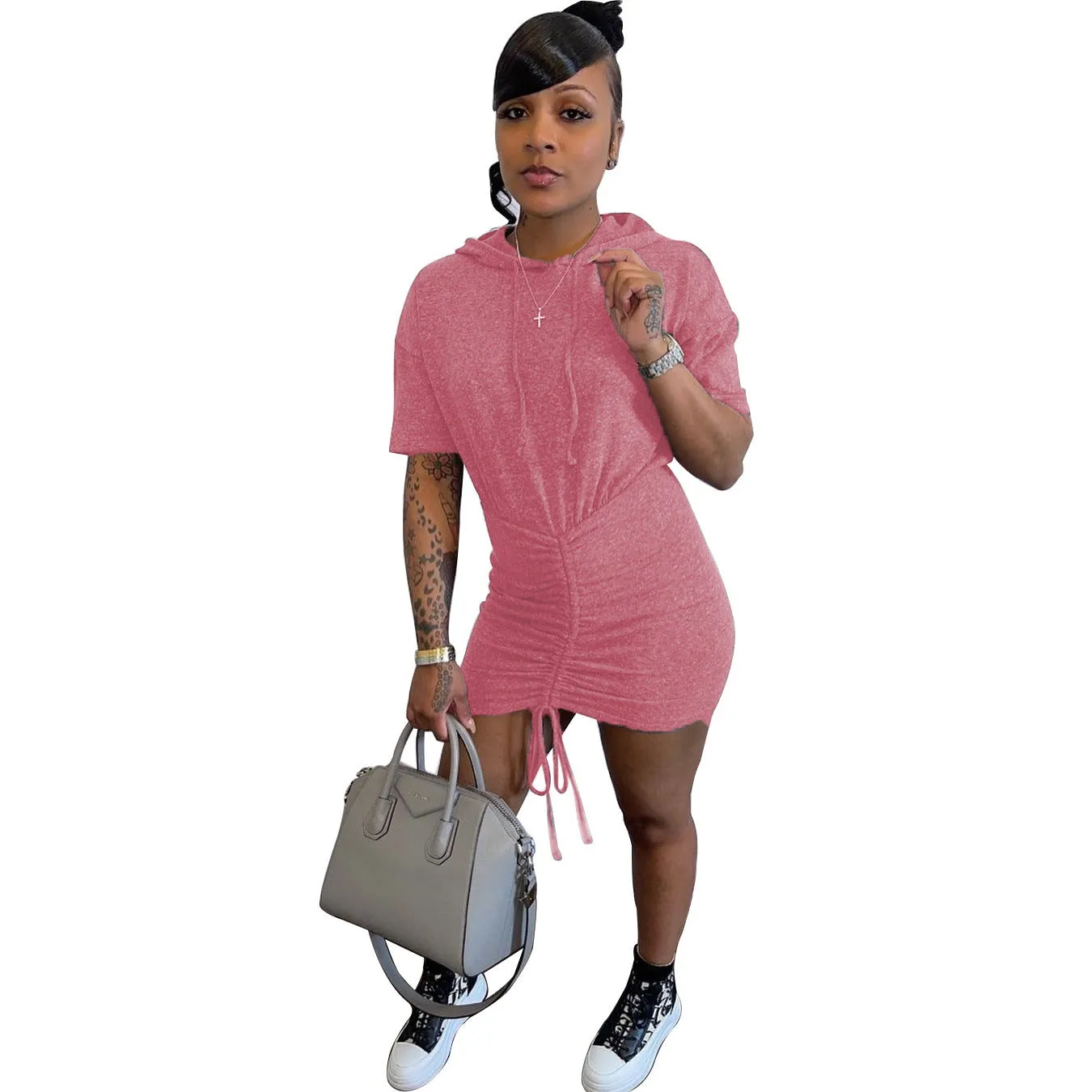 Sporty Chic Drawstring Hooded Mini Dress with Casual Vibes