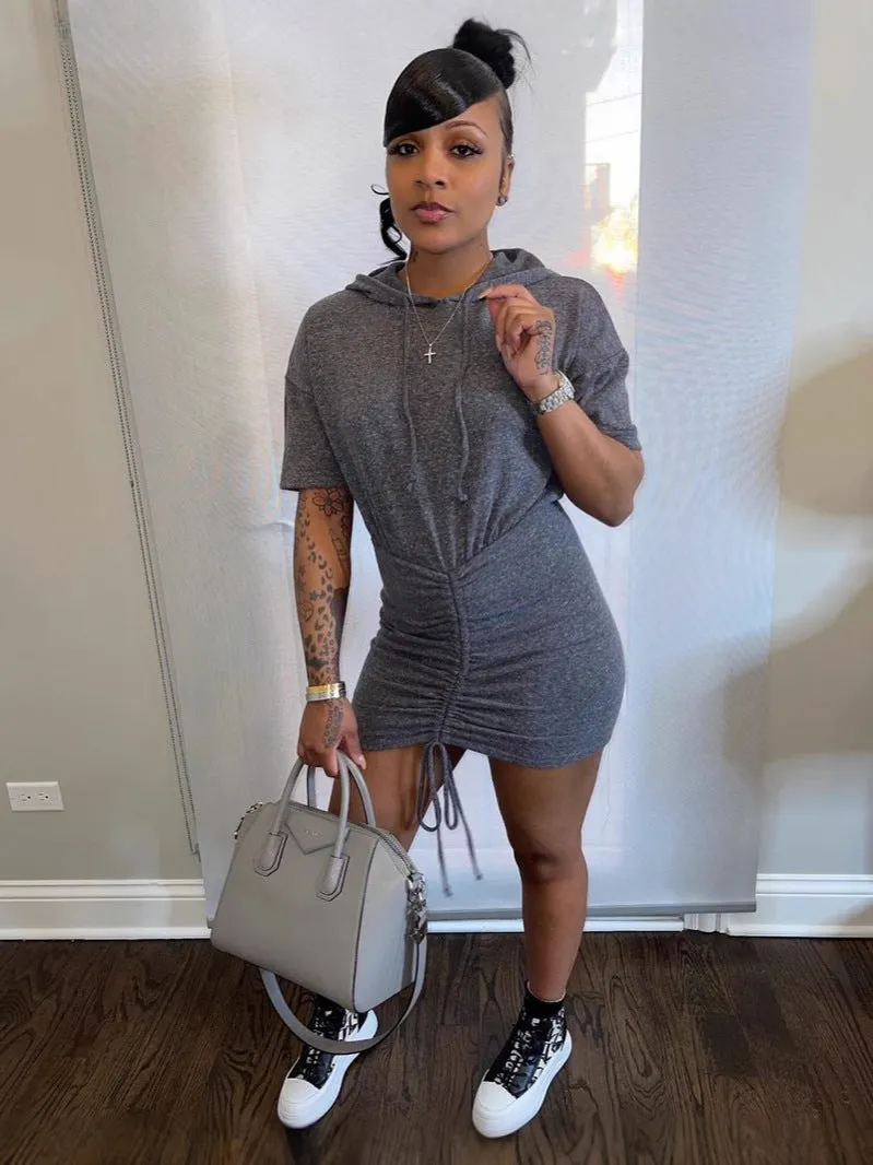 Sporty Chic Drawstring Hooded Mini Dress with Casual Vibes