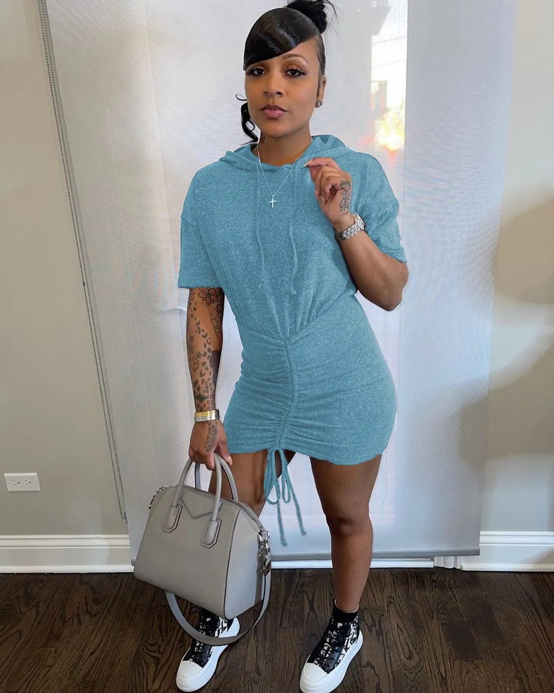 Sporty Chic Drawstring Hooded Mini Dress with Casual Vibes