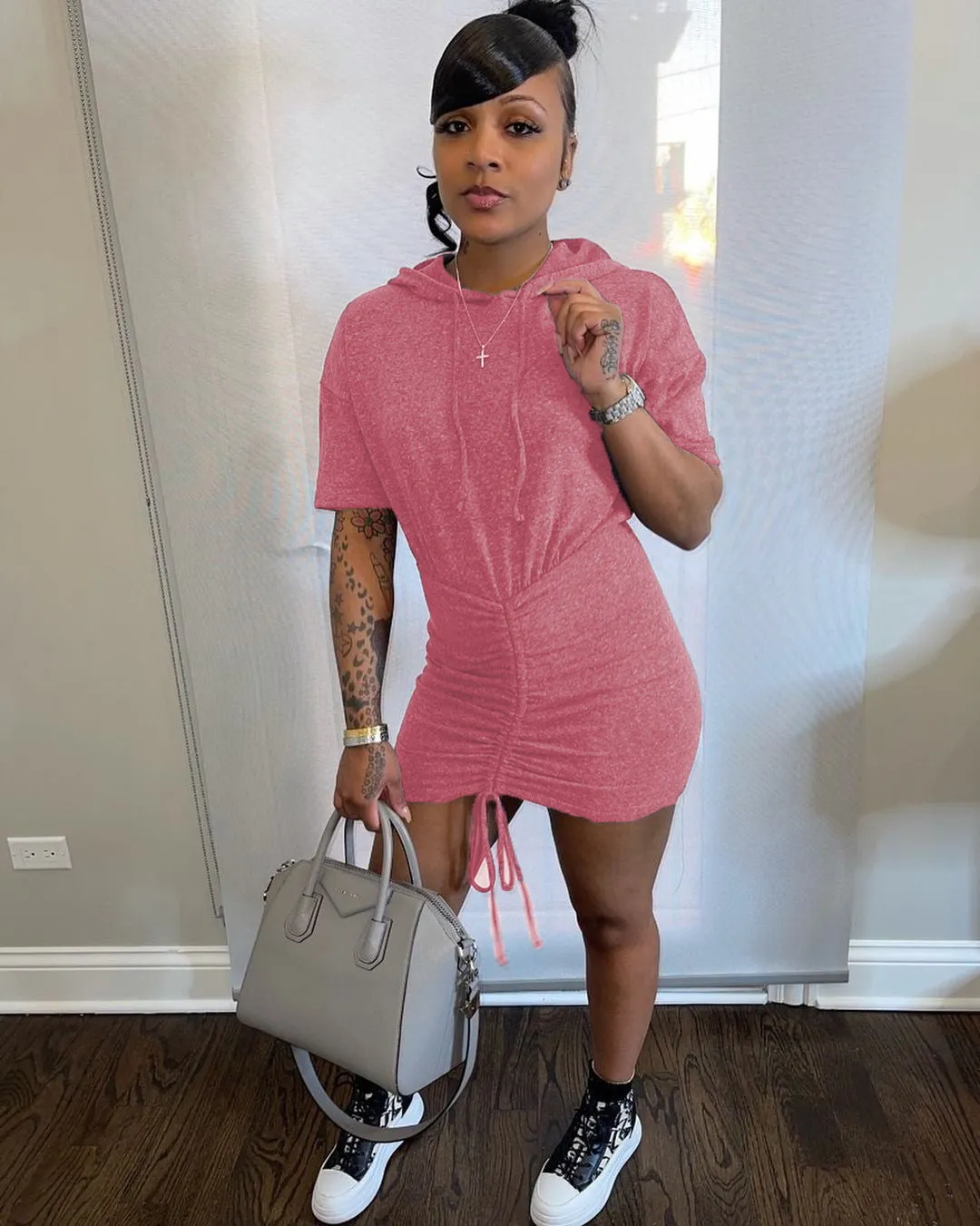 Sporty Chic Drawstring Hooded Mini Dress with Casual Vibes