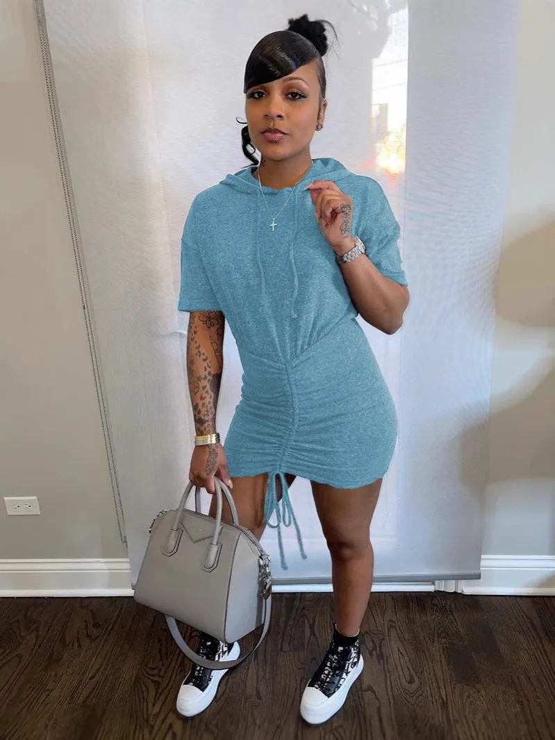 Sporty Chic Drawstring Hooded Mini Dress with Casual Vibes