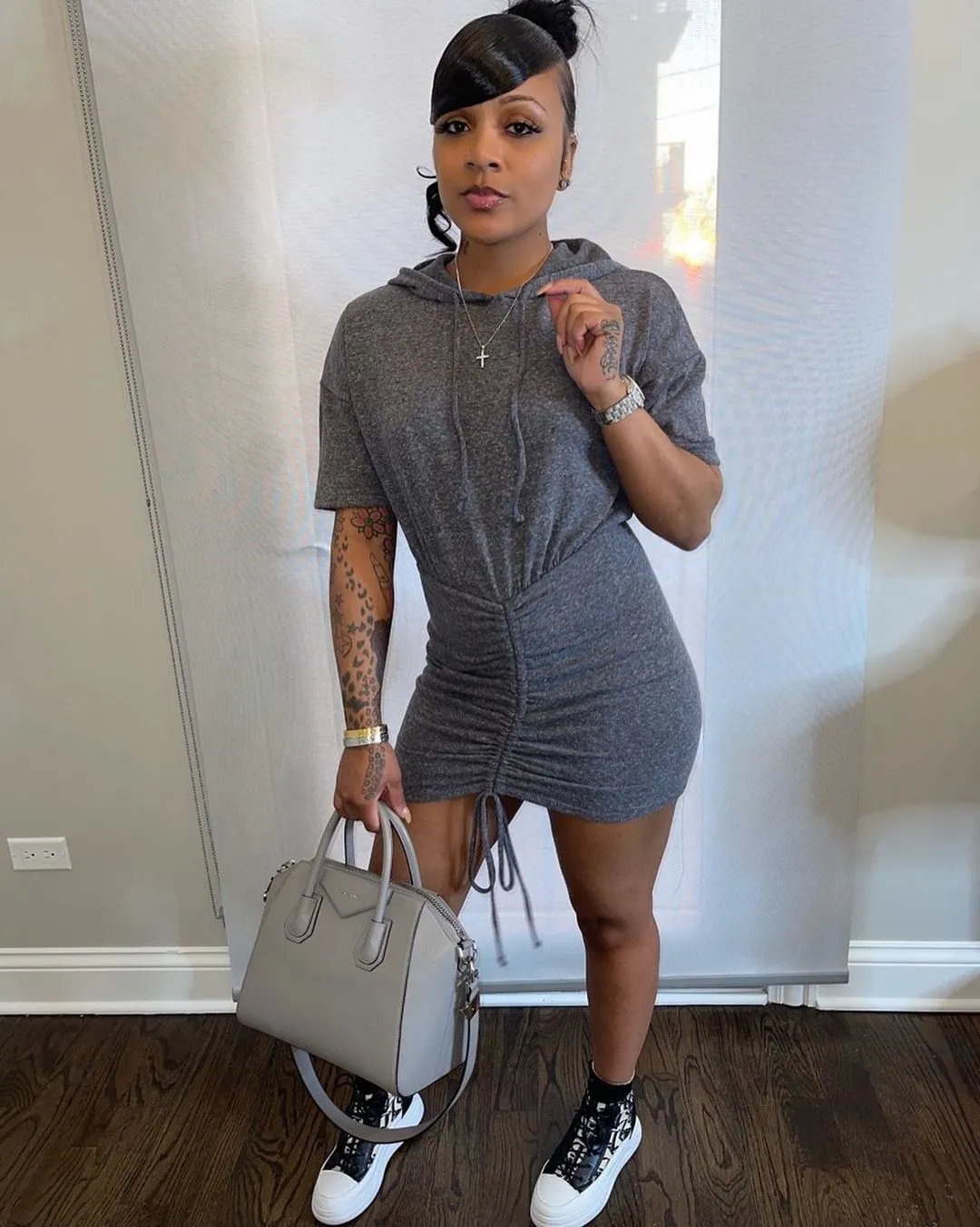 Sporty Chic Drawstring Hooded Mini Dress with Casual Vibes