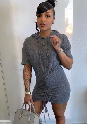 Sporty Chic Drawstring Hooded Mini Dress with Casual Vibes