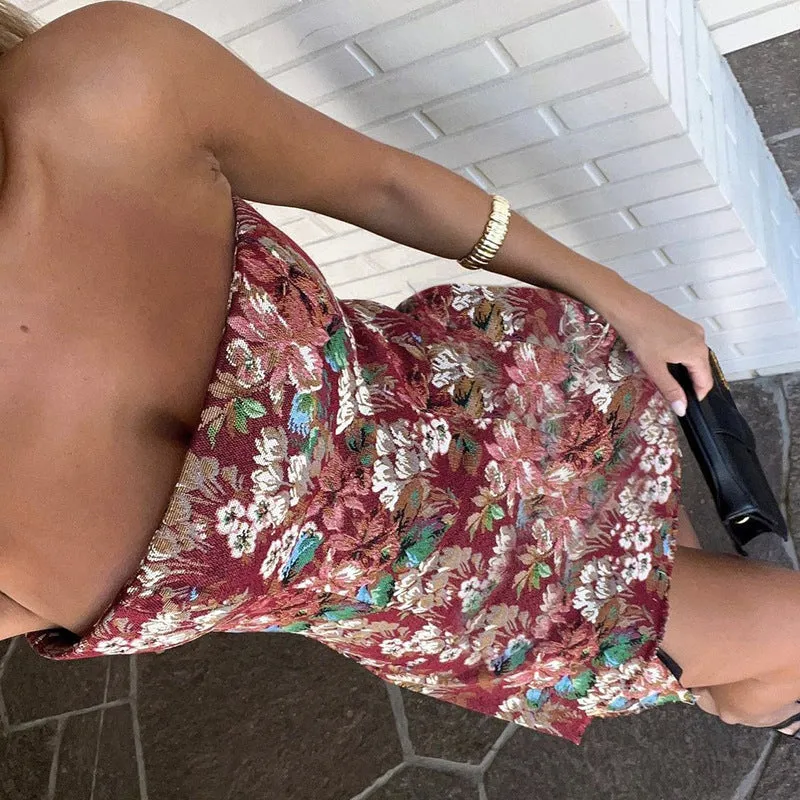Strapless Floral Bodycon Mini Dress with Button Detail