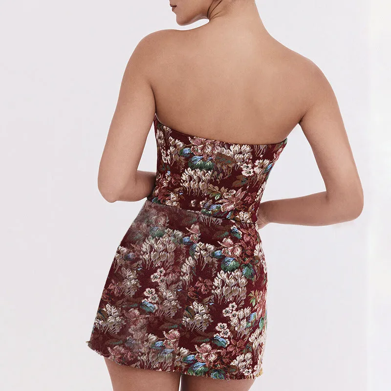 Strapless Floral Bodycon Mini Dress with Button Detail