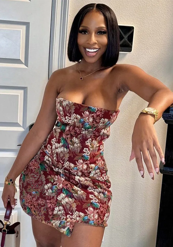 Strapless Floral Bodycon Mini Dress with Button Detail