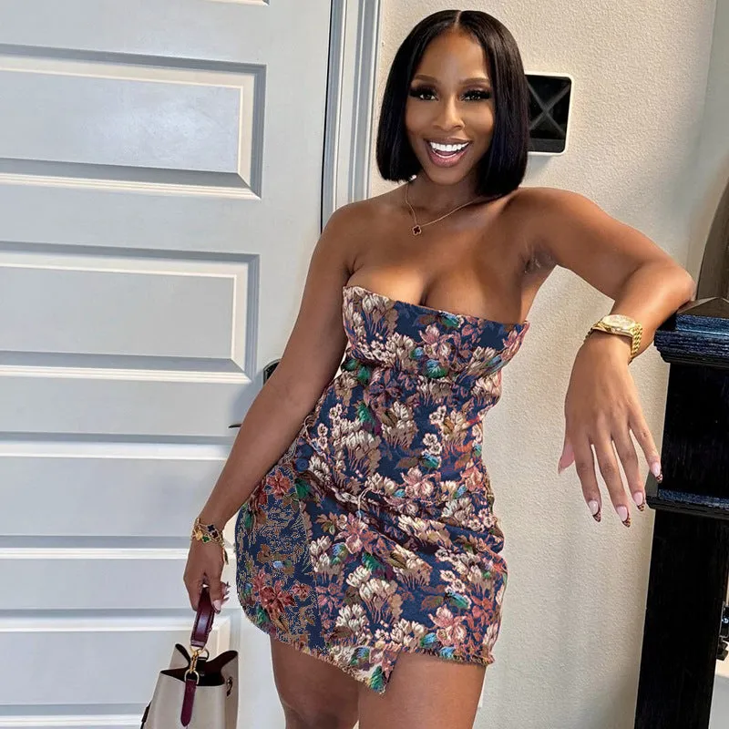 Strapless Floral Bodycon Mini Dress with Button Detail