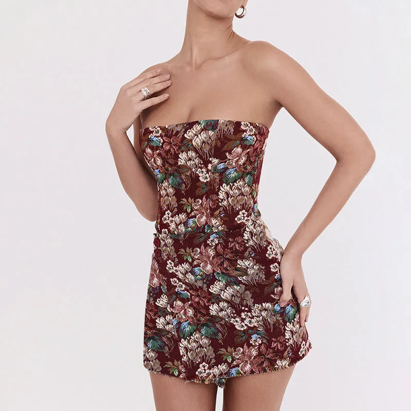 Strapless Floral Bodycon Mini Dress with Button Detail