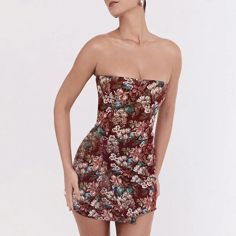 Strapless Floral Bodycon Mini Dress with Button Detail