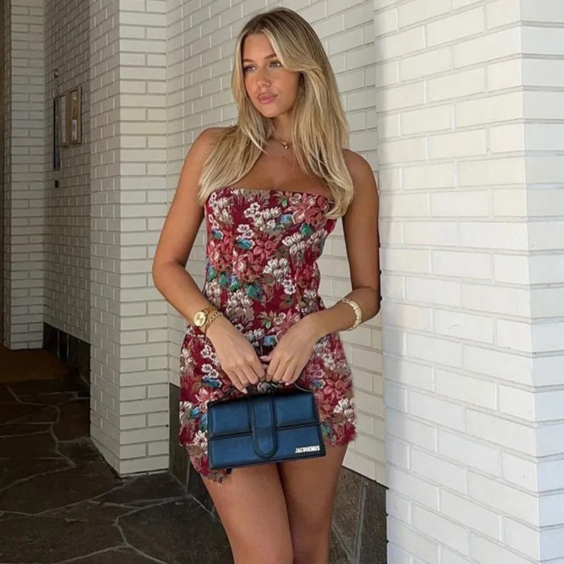 Strapless Floral Bodycon Mini Dress with Button Detail