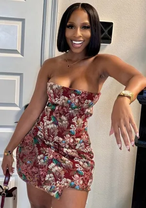 Strapless Floral Bodycon Mini Dress with Button Detail