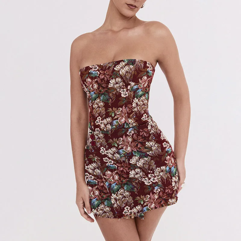 Strapless Floral Bodycon Mini Dress with Button Detail