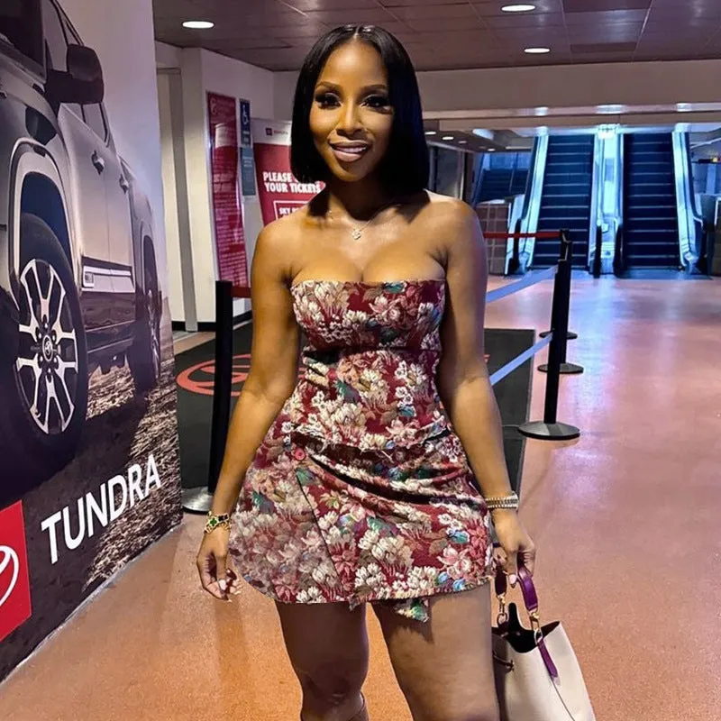 Strapless Floral Bodycon Mini Dress with Button Detail