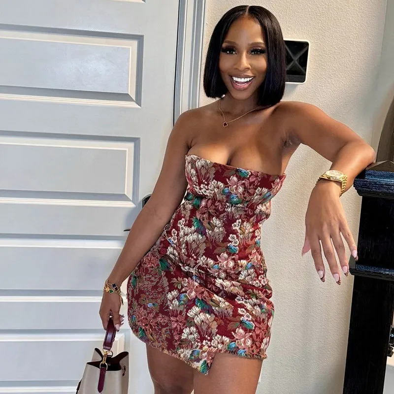 Strapless Floral Bodycon Mini Dress with Button Detail