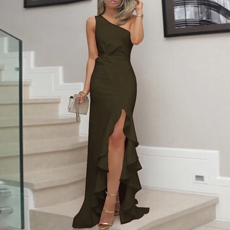 Stunning One-Shoulder Ruffled Split Evening Gown for Effortless Elegance