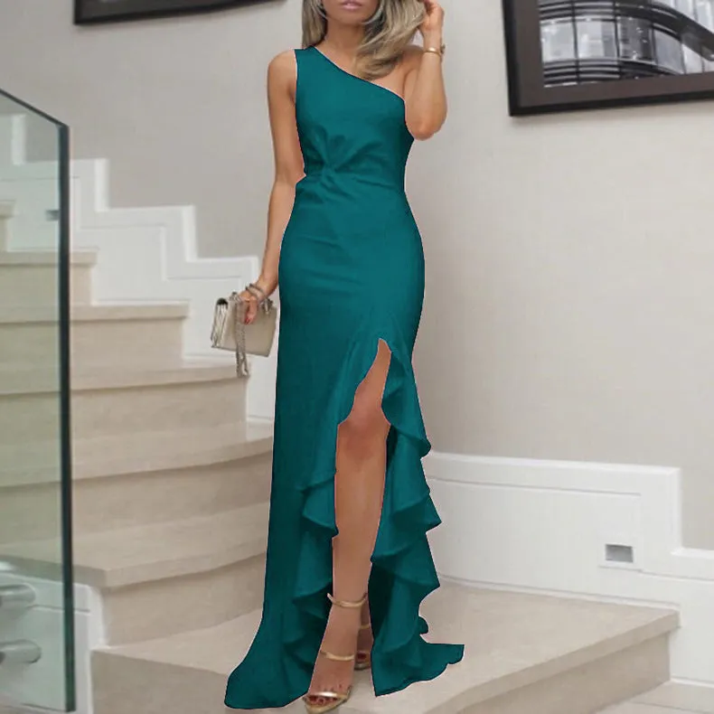 Stunning One-Shoulder Ruffled Split Evening Gown for Effortless Elegance