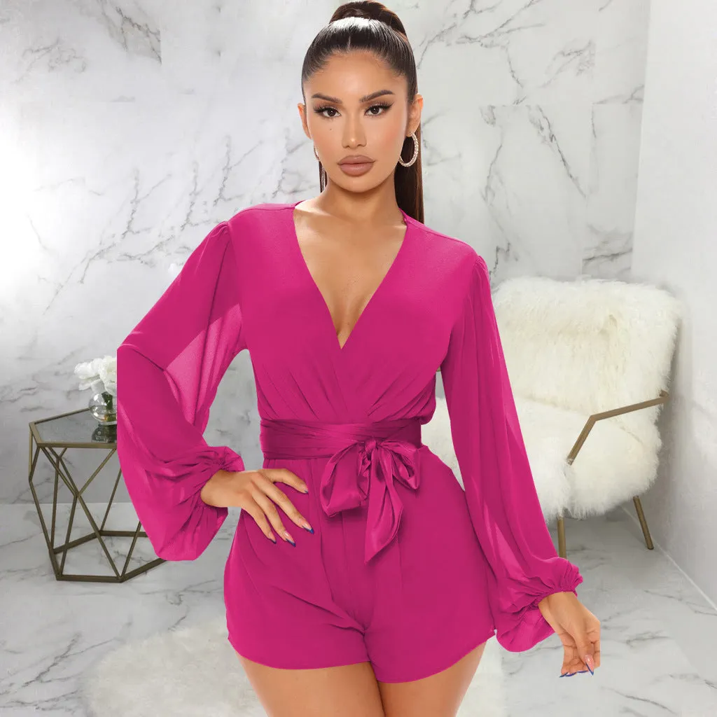 Stylish V-Neck Belted Jumpsuit for Effortless Casual Chic