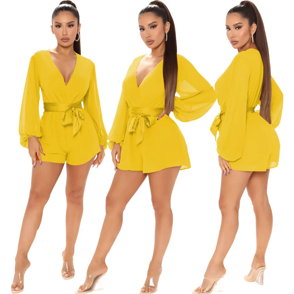 Stylish V-Neck Belted Jumpsuit for Effortless Casual Chic