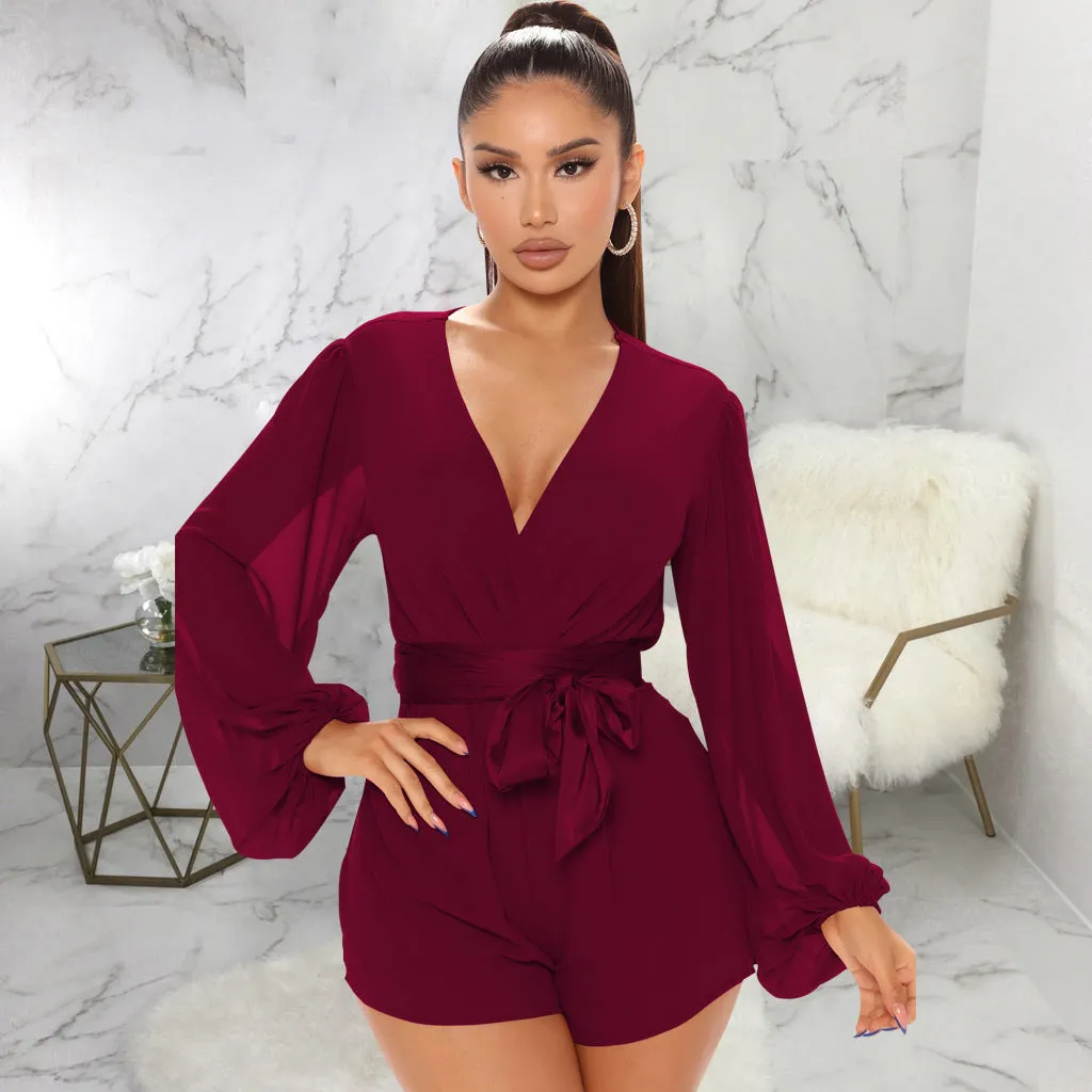 Stylish V-Neck Belted Jumpsuit for Effortless Casual Chic