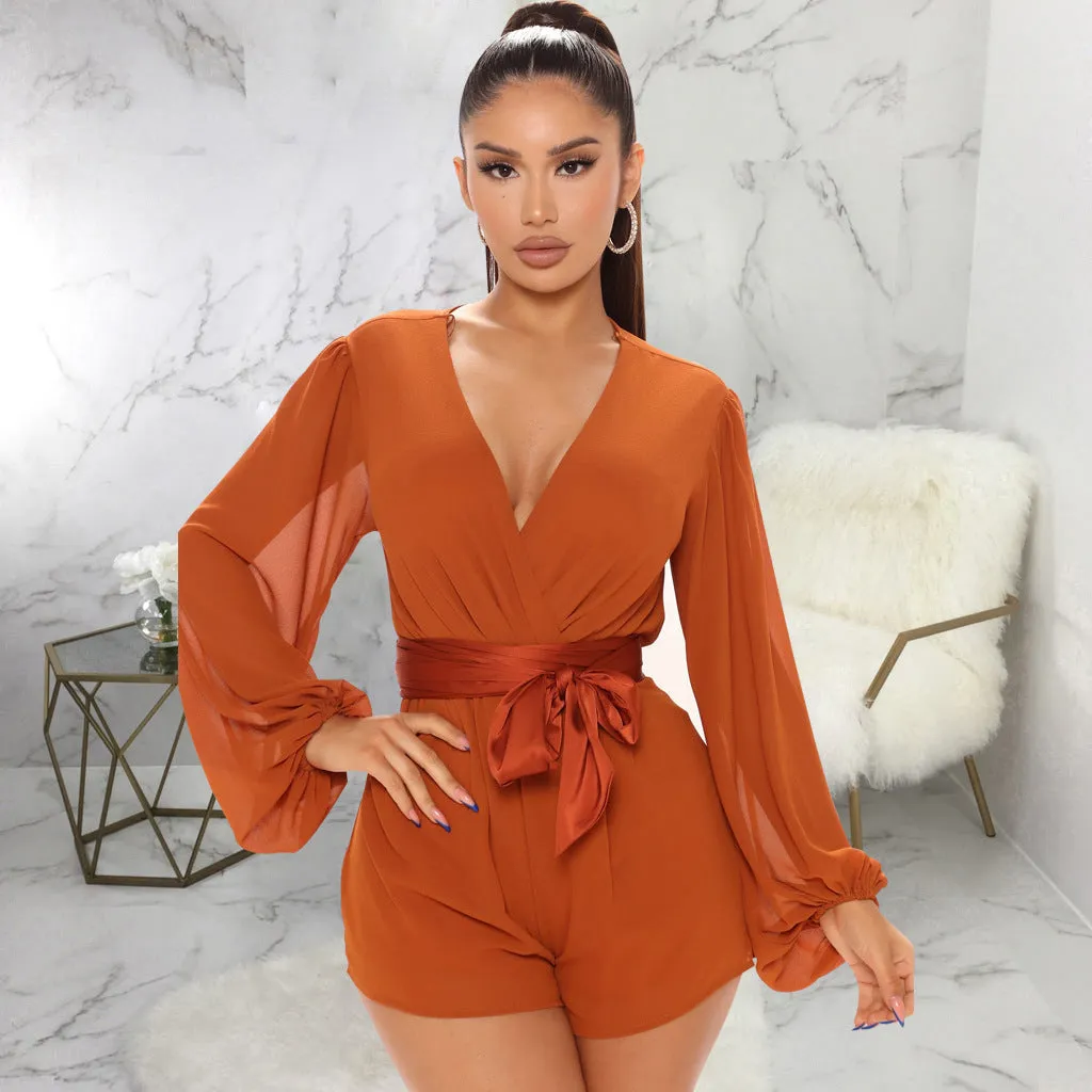 Stylish V-Neck Belted Jumpsuit for Effortless Casual Chic