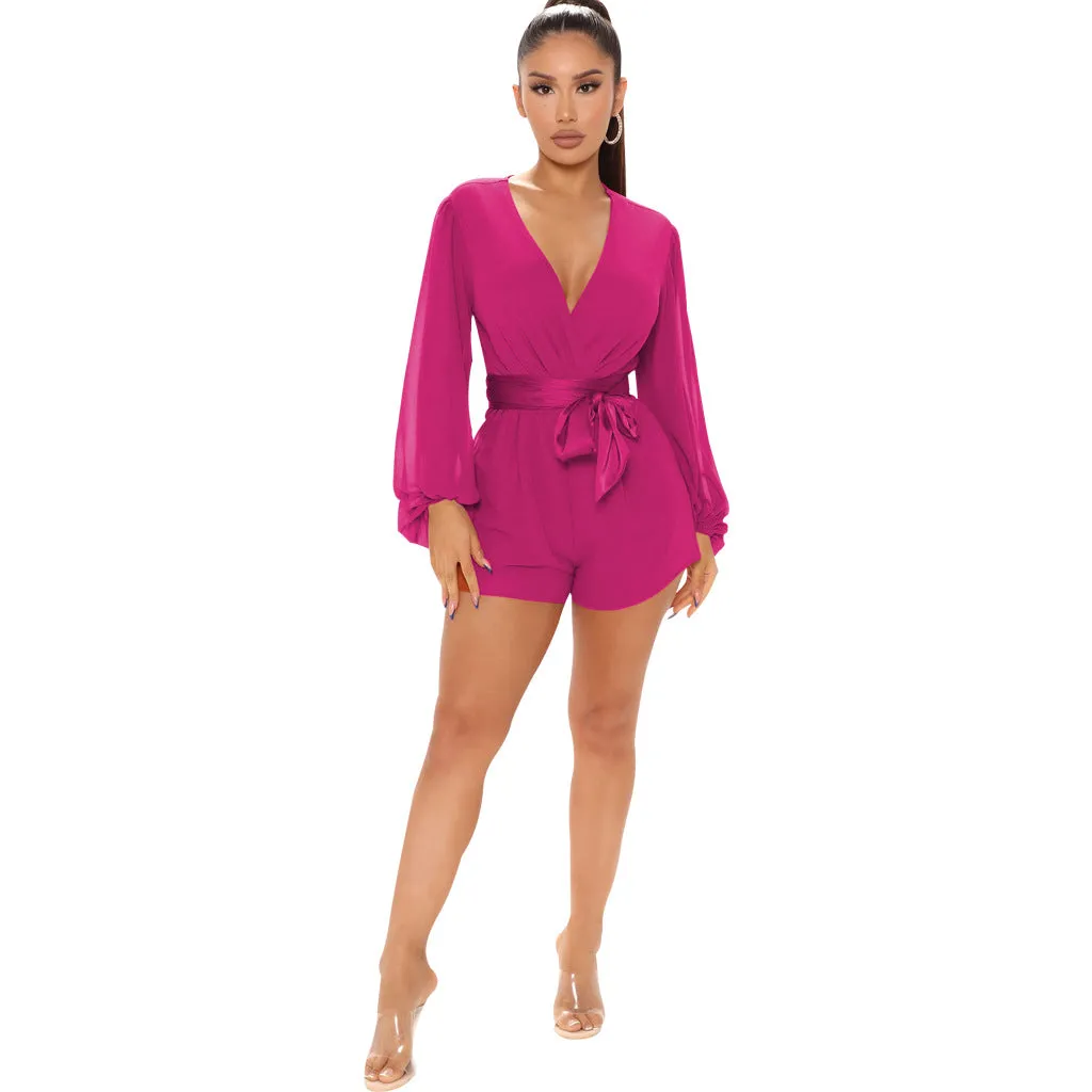 Stylish V-Neck Belted Jumpsuit for Effortless Casual Chic