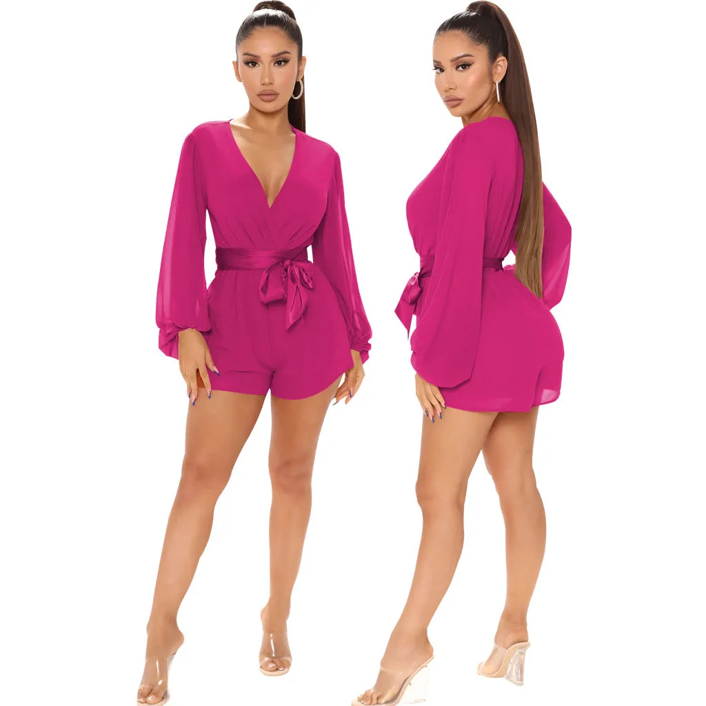 Stylish V-Neck Belted Jumpsuit for Effortless Casual Chic