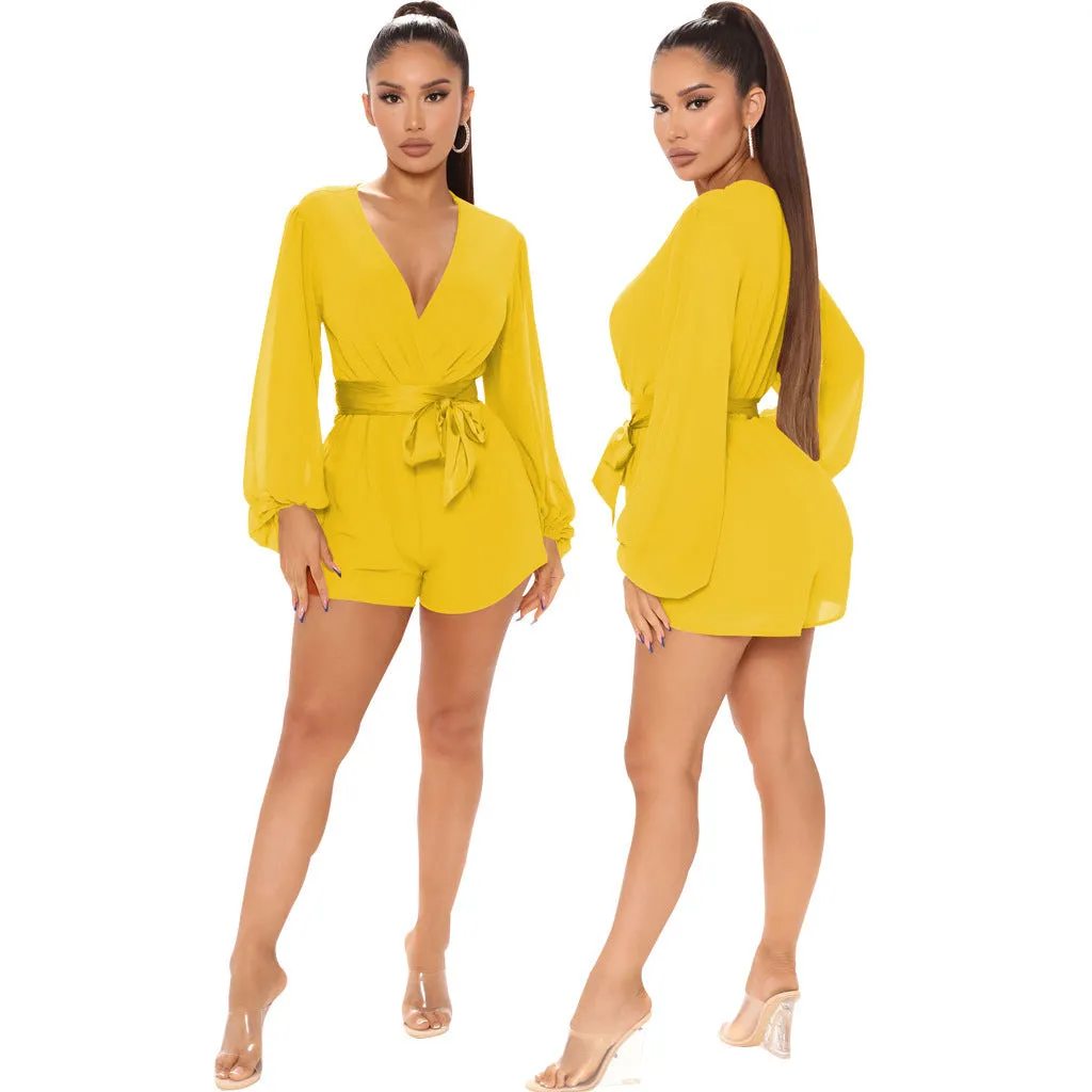 Stylish V-Neck Belted Jumpsuit for Effortless Casual Chic