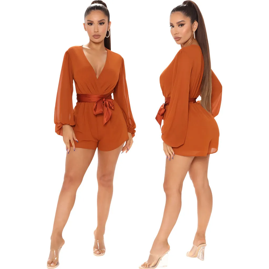 Stylish V-Neck Belted Jumpsuit for Effortless Casual Chic