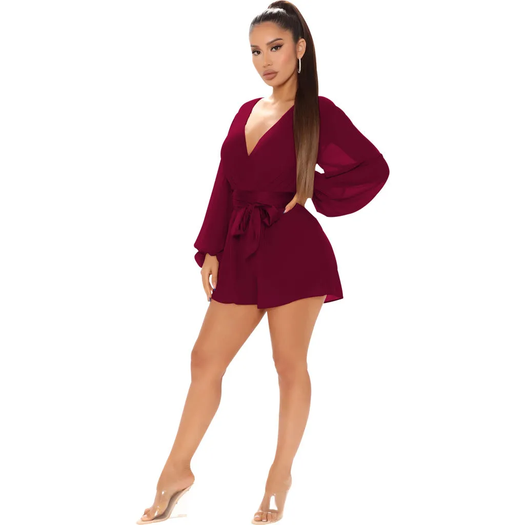 Stylish V-Neck Belted Jumpsuit for Effortless Casual Chic