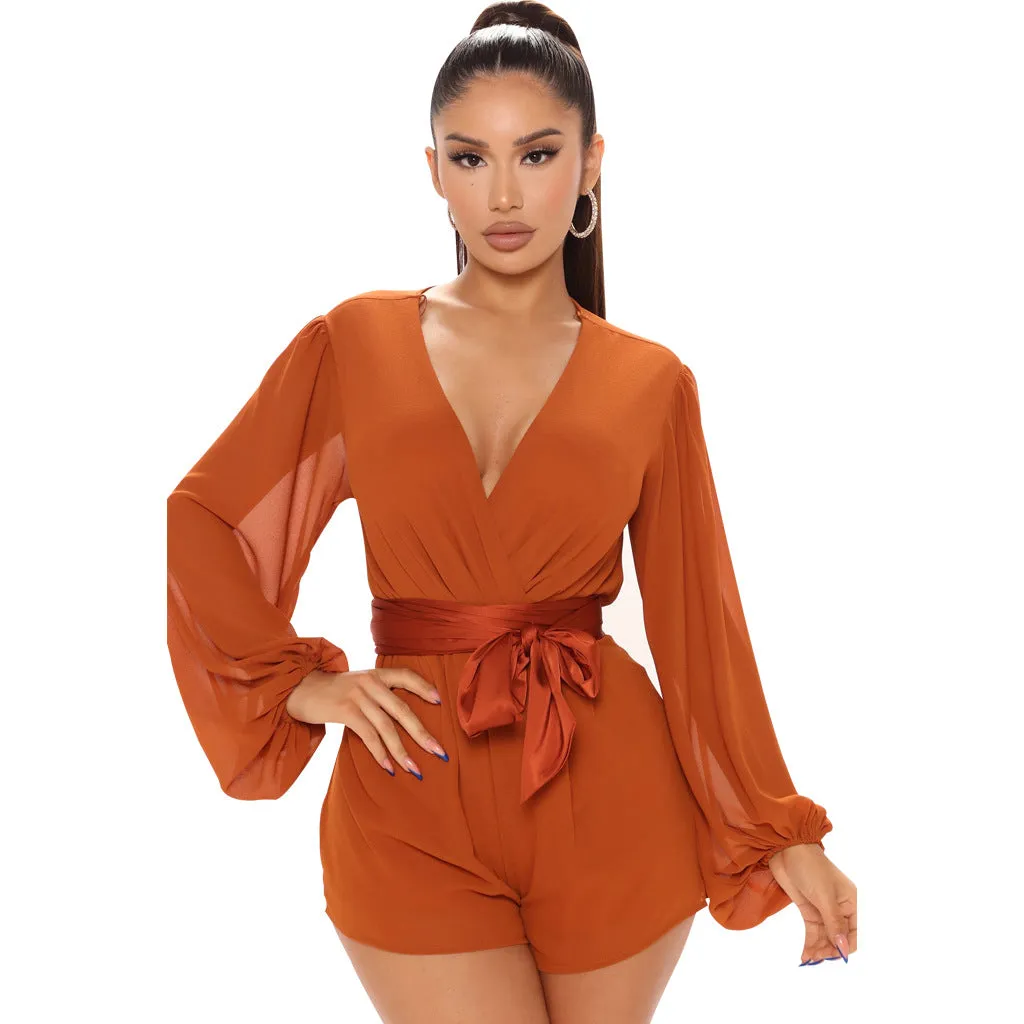 Stylish V-Neck Belted Jumpsuit for Effortless Casual Chic