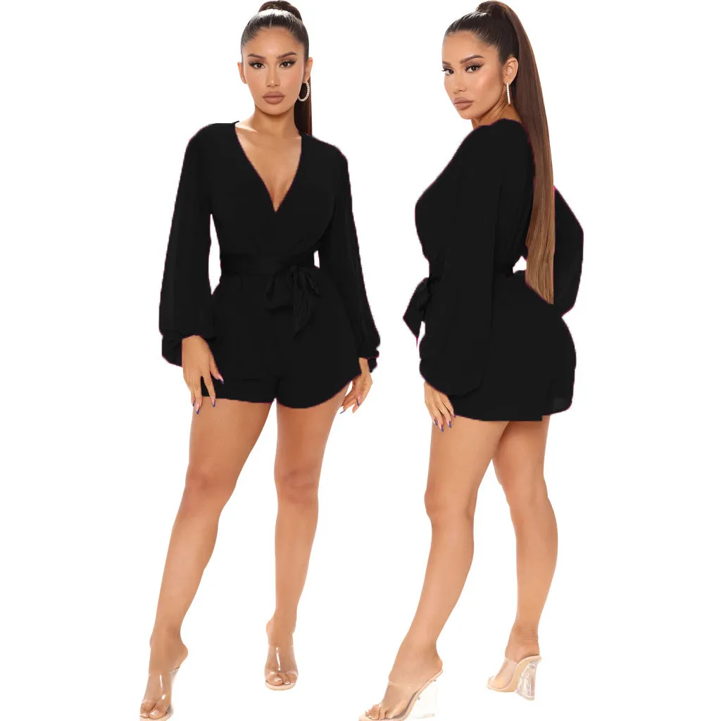Stylish V-Neck Belted Jumpsuit for Effortless Casual Chic