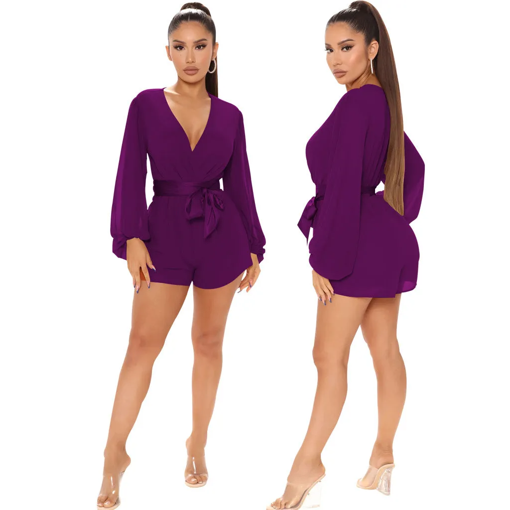 Stylish V-Neck Belted Jumpsuit for Effortless Casual Chic