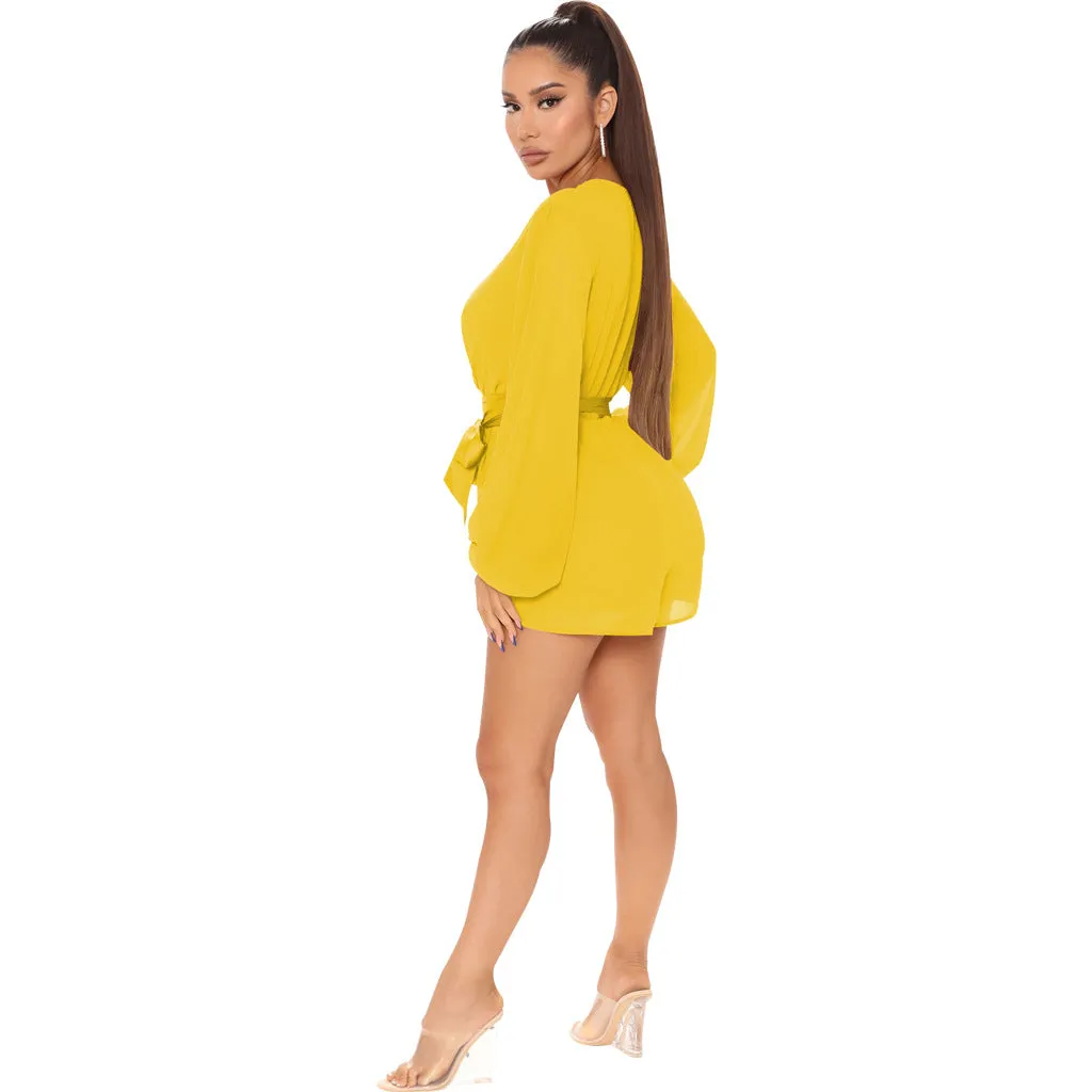 Stylish V-Neck Belted Jumpsuit for Effortless Casual Chic