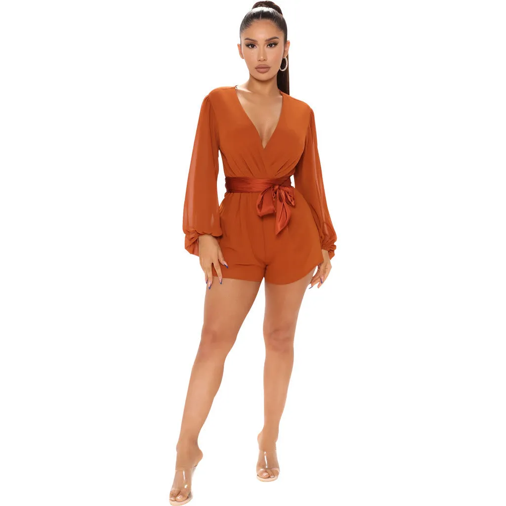 Stylish V-Neck Belted Jumpsuit for Effortless Casual Chic