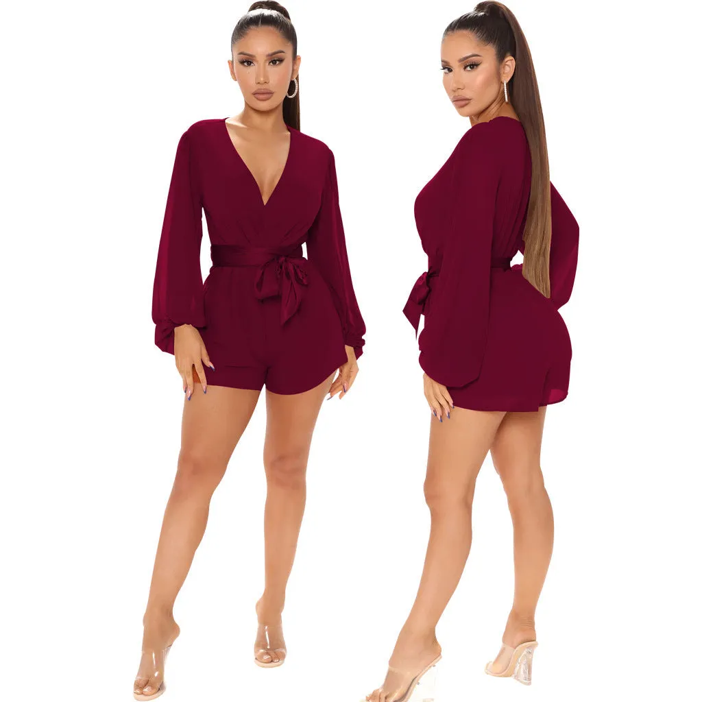 Stylish V-Neck Belted Jumpsuit for Effortless Casual Chic
