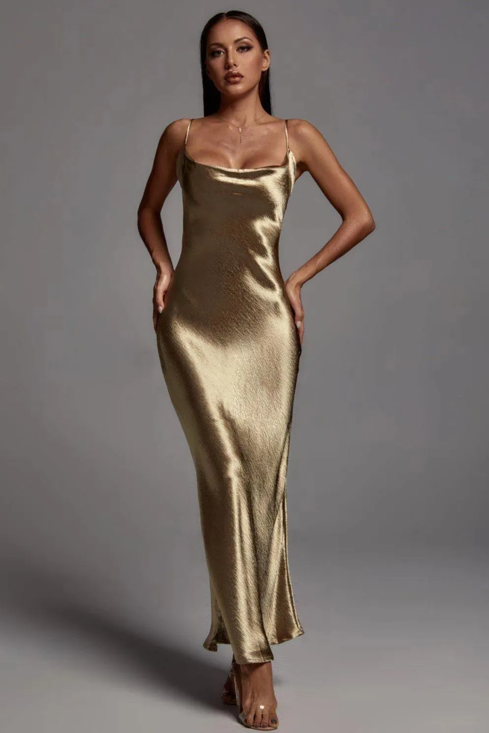 Sultry Satin Cowl-Neck Slip Dress with Spaghetti Straps