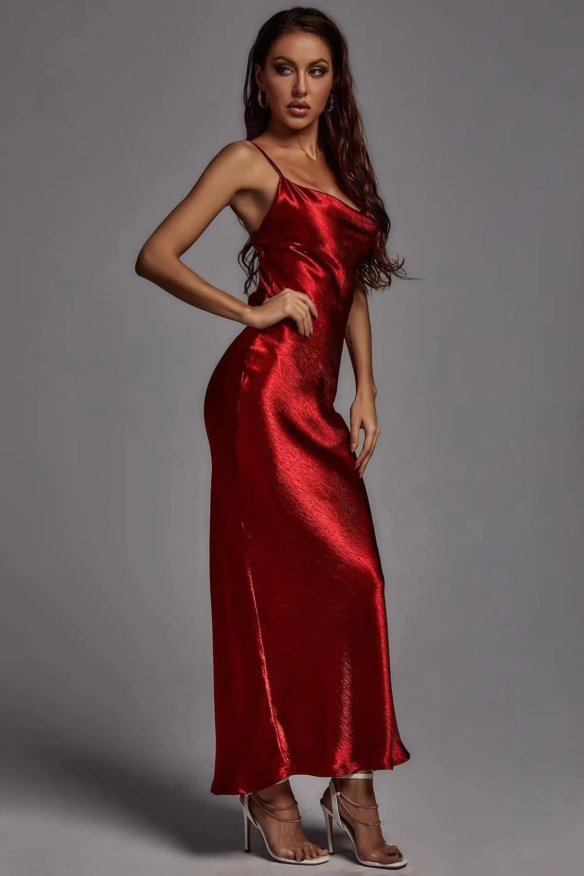 Sultry Satin Cowl-Neck Slip Dress with Spaghetti Straps