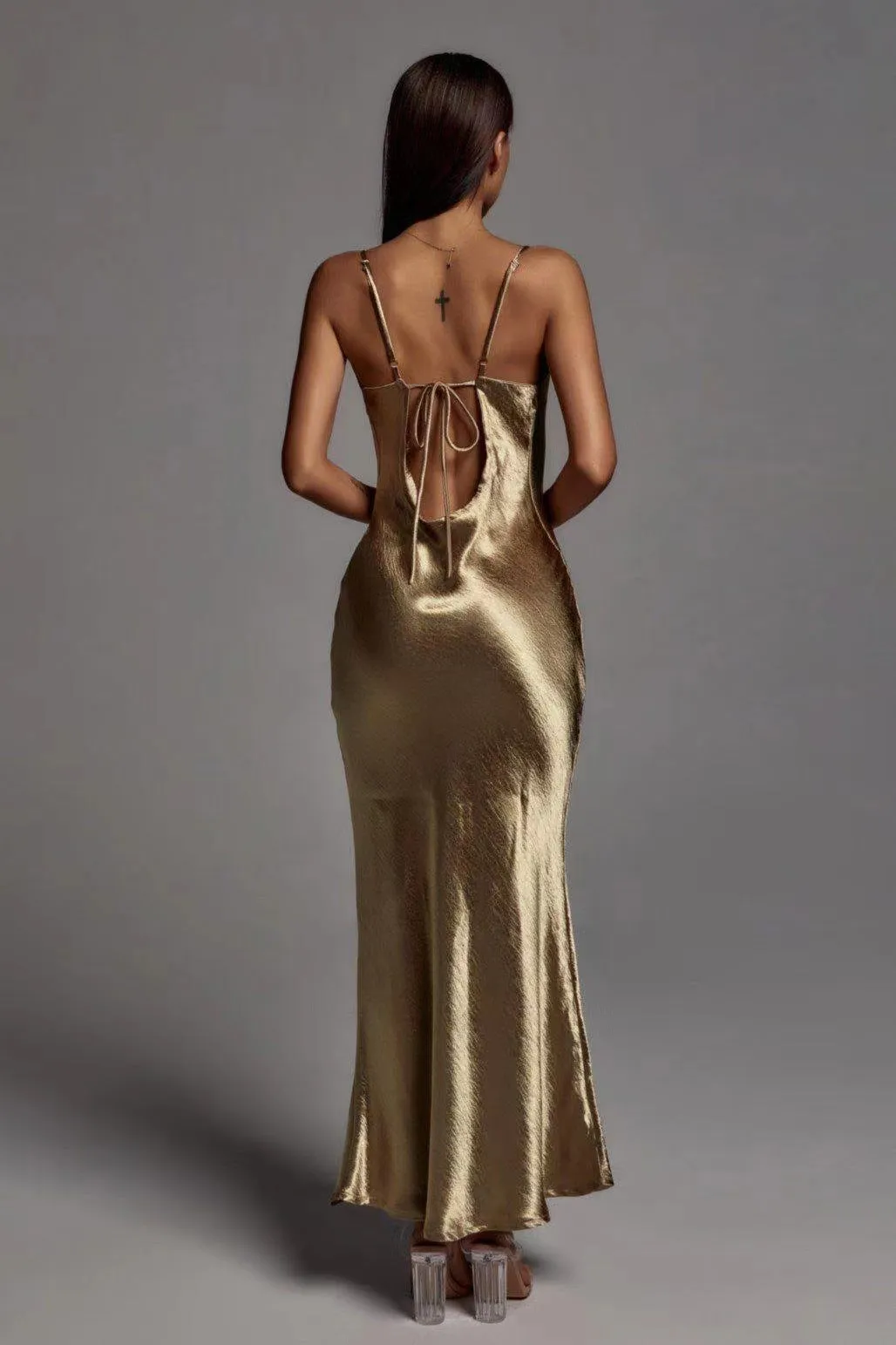 Sultry Satin Cowl-Neck Slip Dress with Spaghetti Straps