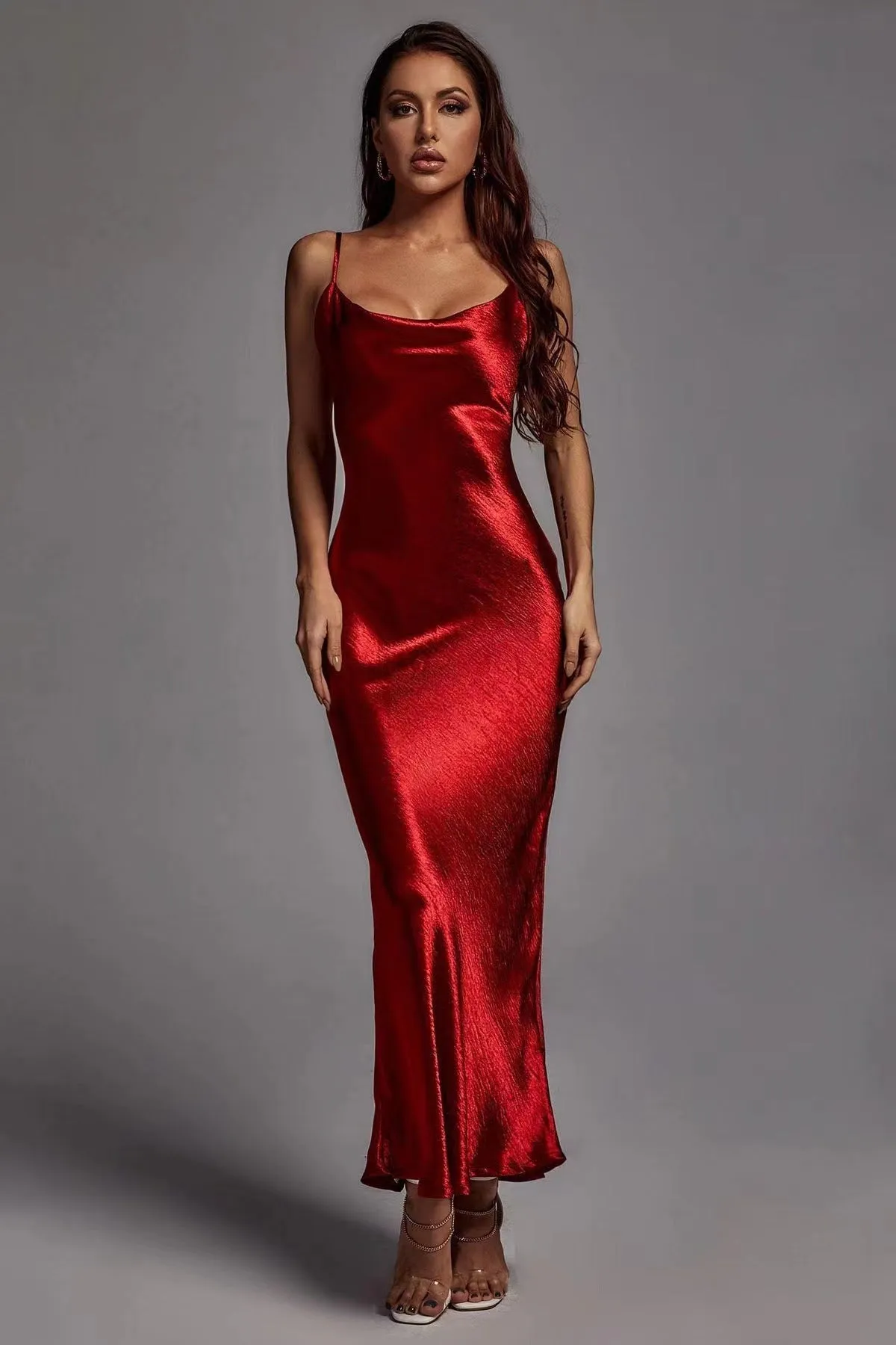 Sultry Satin Cowl-Neck Slip Dress with Spaghetti Straps