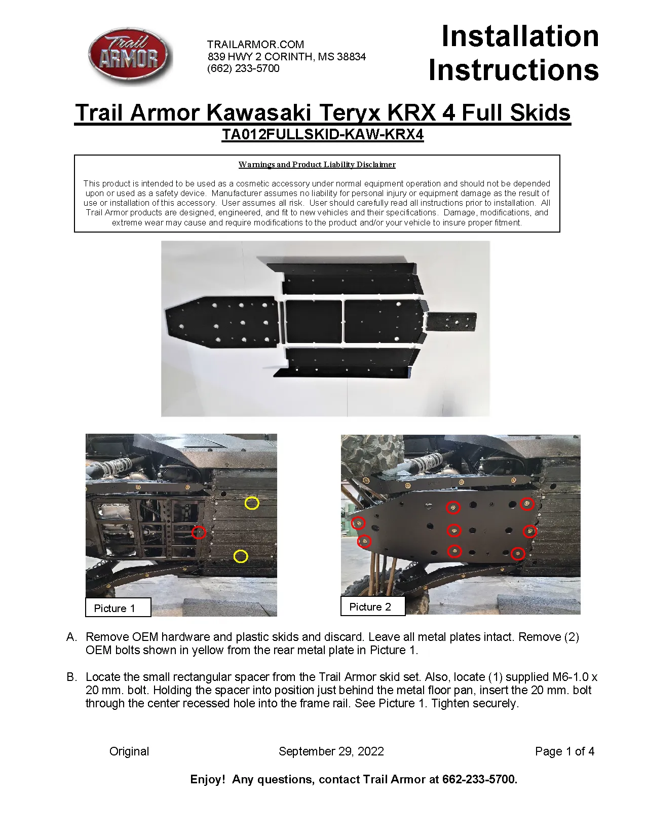 Trail Armor 2023 - 2025 Kawasaki 4 KRX 1000 (all editions) Full Skids with Integrated Side Skid Plates